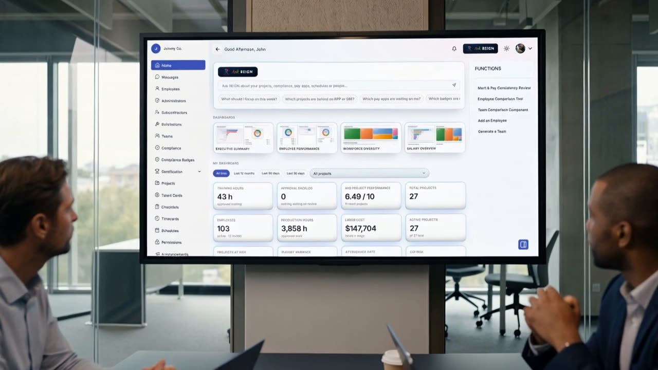 REIGN dashboard on a conference room screen