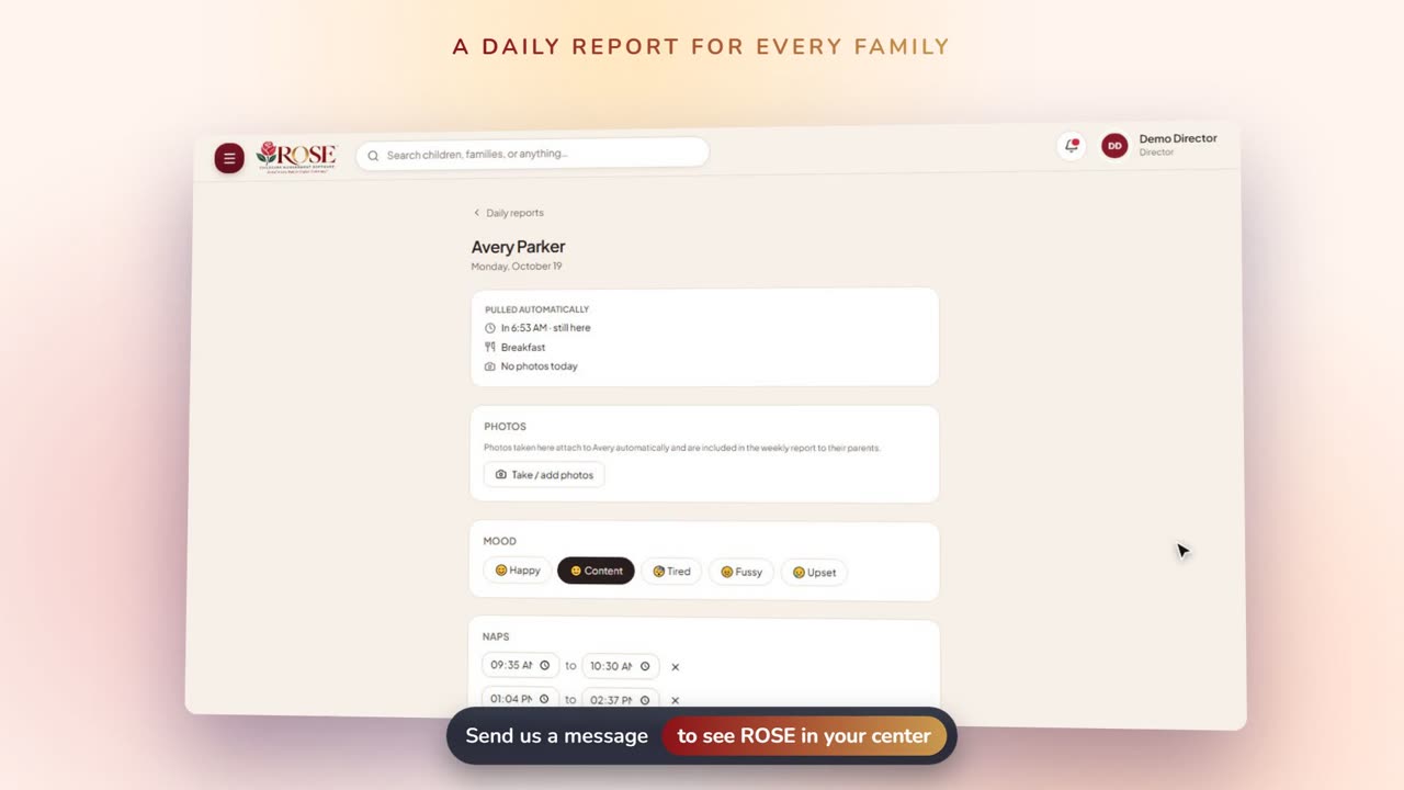 ROSE childcare app showing a child's daily report